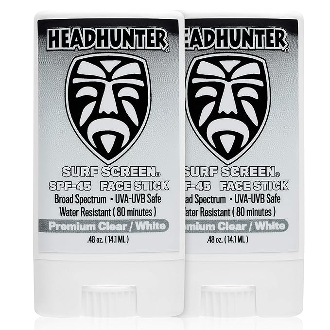 Headhunter Sunscreen Face Stick SPF 45, Waterproof Surf Sunblock for Waterman, Water-Resistant Facial Sunscreen for Ultra-Sport Protection and Solar Defense (80 min), Clear White (2 pack)