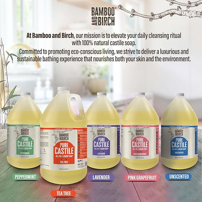 BAMBOO AND BIRCH Pure Castile Soap Liquid, Certified Palm Oil Free Natural Soap, Citrus Grapefruit, 1 Gallon