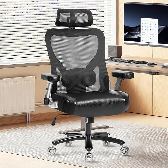Super Big and Tall Office Chair 700lbs- Heavy Duty Executive Computer Chair with Rubber Wheels 3D Flip Arms, Ergonomic Mesh High Back Desk Chair, Extra Wide Seat Adjustable Lumbar Support & Headrest