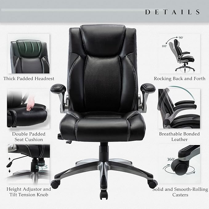 Executive Office Ergonomic Chair with Thick Bonded Leather, Flip-up Armrests, High Back Adjustable Height and Tilt for Working, Study, Gaming