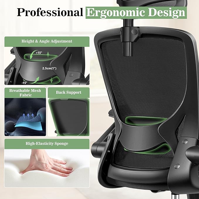 Ergonomic Office Desk Chair Comfy, High Back Mesh Office Desk Chairs with Adjustable Lumbar Support, Headrest, Flip-up Armrests, Home Computer Chair for Gaming, Work, 8 Pack