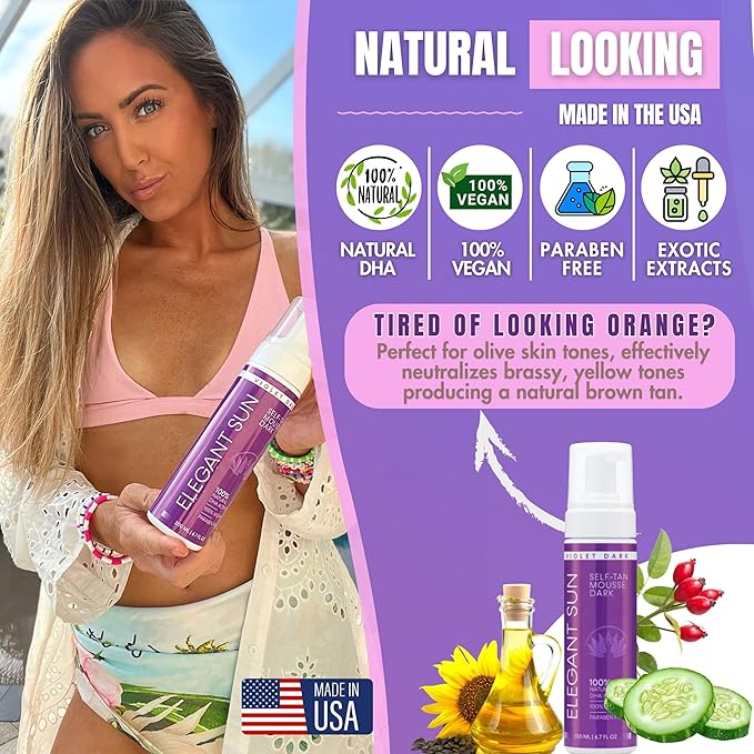 Self Tanner Mousse with Mitt, Violet Dark, Fake Tan Sunless Foam, Flawless Purple Sunless Tanner, Vegan Sunless Tanning Foam, Color Correcting, Paraben free by Elegant Sun