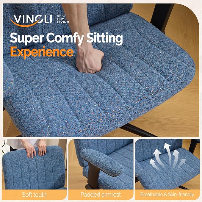 VINGLI Criss Cross Chair with Adjustable Flip-Up Arms,Cross Legged Chair with Wheels,Extra Wide Office Chair,Desk Chair for Home Office,Vanity,Bedroom, Apartment,Starry Chenille,Navy Blue