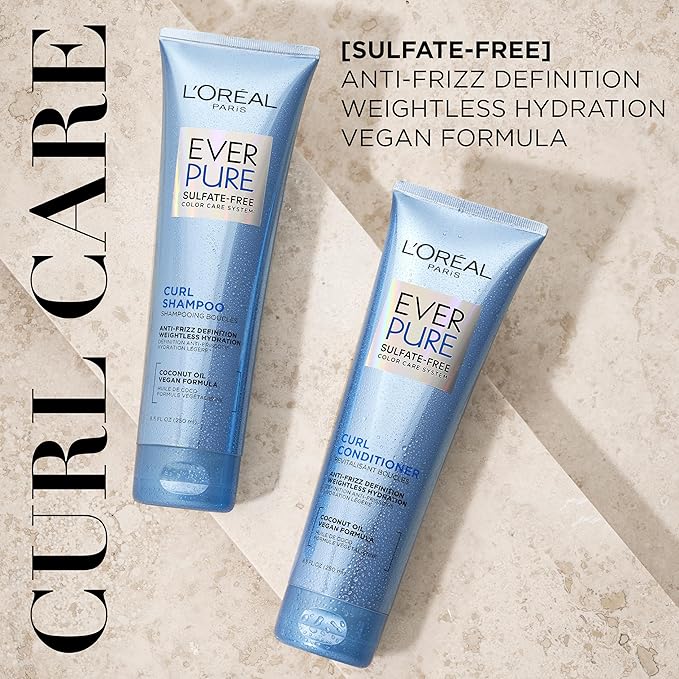 L'Oreal Paris Sulfate Free Conditioner for Curly Hair, Lightweight, Anti-Frizz Hair Care with Coconut Oil, EverPure, 8.5 Fl Oz (Packaging May Vary)