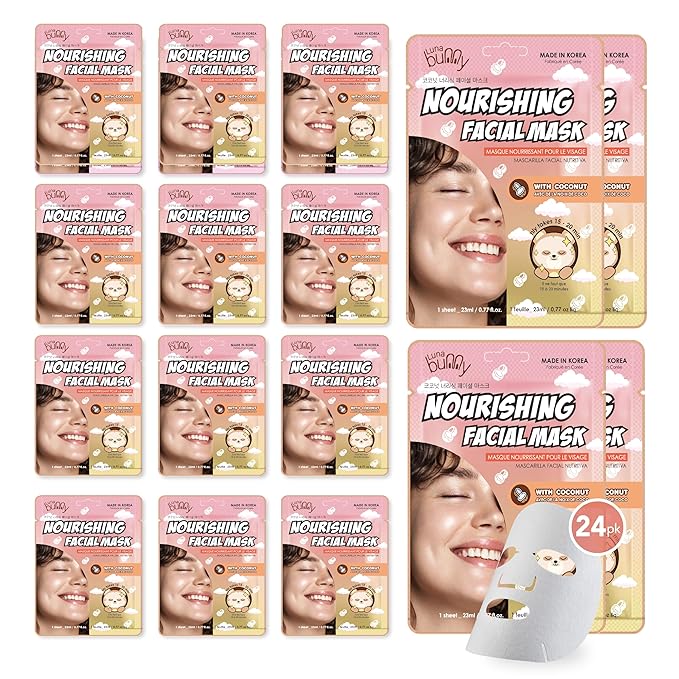 Innerest Luna Bunny 24PK Facial Sheet Mask, Brightening, Nourishing & Hydrating Korean Skincare for Self Care, Home Spa with Aloe, Coconut, Vitamin & Hyaluronic (Coconut)