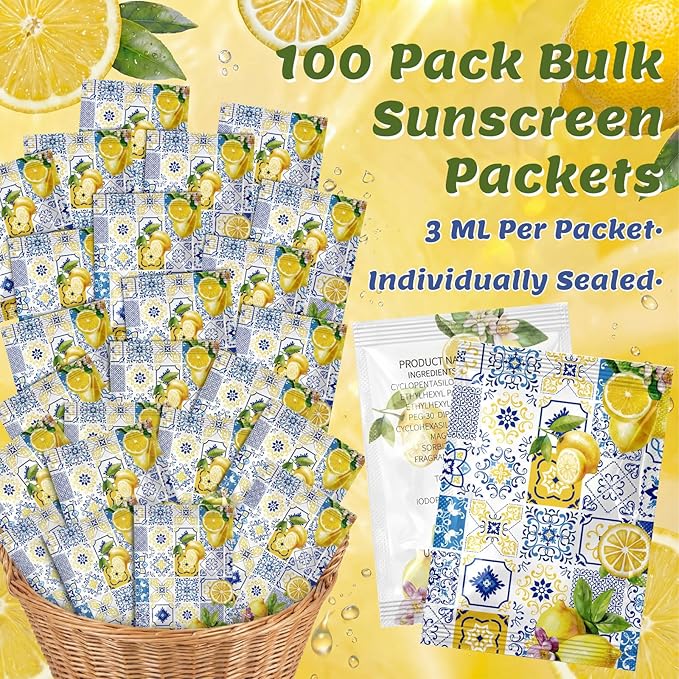 Leelosp 100 Pack Travel Size Sunscreen Bulk Mini Sunscreen Packets Spf 30+ for Beach Trip Vacation Outdoor, Wedding Party Favors Mediterranean Summer Thank You Gifts for Guests Women