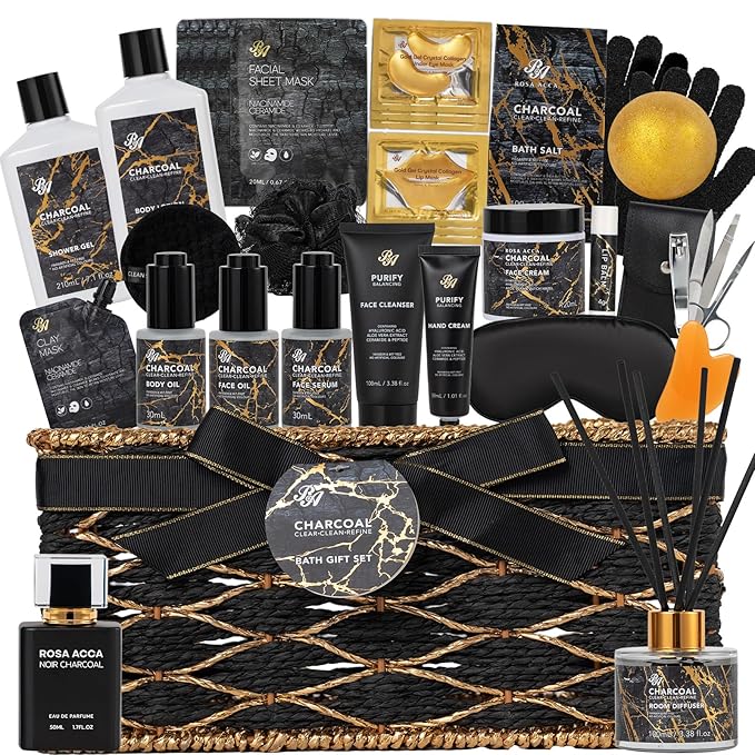 35 Pcs Valentines Day Gifts for Women & Men, Charcoal Bath & Body Gift Basket, Face Skin Care Kit, Self-Care Gift, Diffuser, Shower Gel, Massage Oil, Bath Bomb, Birthday, Christmas, Mother, Husband