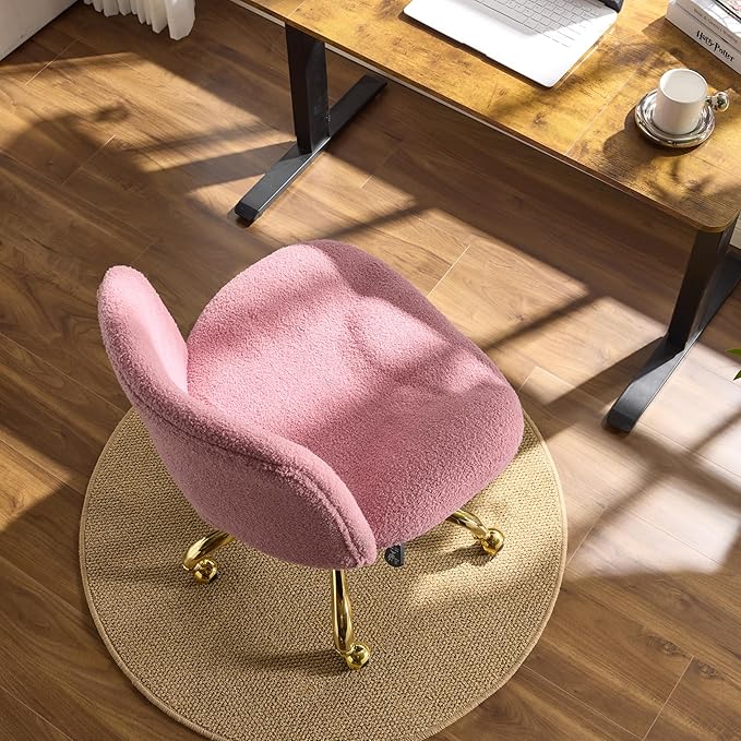 VINGLI Wide Criss Cross Legged Office Chair,Buttprint Ergonomic Desk Chair Comfy with Pillow&Gold Base,Dual-Use with/no Wheels,Adjustable Vanity Swivel Chair for Bedroom,Home Office,Teddy Plush,Purple