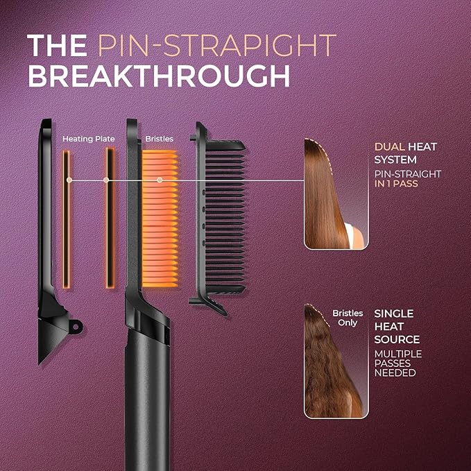 TYMO Flat Iron Hair Straightener Brush 2 in 1, 200M Ions Hair Straighteners for Women, Ceramic Dual Voltage Straightening Hot Comb for Anti-Frizz Straights, Waves, Curl, 3X Less Heat Damage, Rose Gold