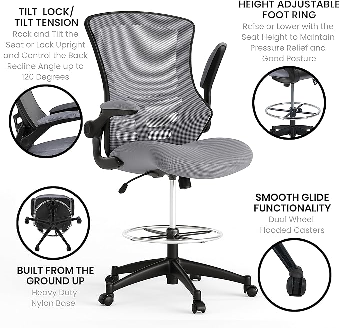 Flash Furniture Kelista Mid-Back Swivel Office Chair with Adjustable Seat Height, Ergonomic Mesh Desk Chair with Flip-Up Armrests, Dark Gray