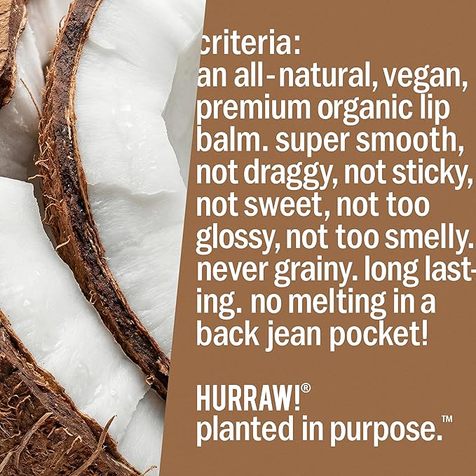 Hurraw! Coconut Lip Balm: Organic, Certified Vegan, Cruelty and Gluten Free. Non-GMO, 100% Natural Ingredients. Bee, Shea, Soy and Palm Free. Made in USA