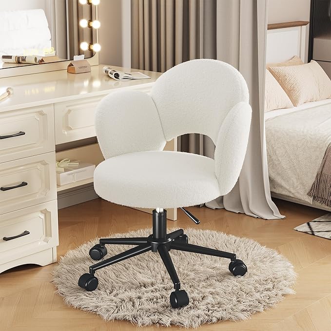 Flower Vanity Chair, Cute Petal Desk Chair with Wheels, Height Adjustable & Armless Swivel Makeup Task Chair for Relaxation, Study, White