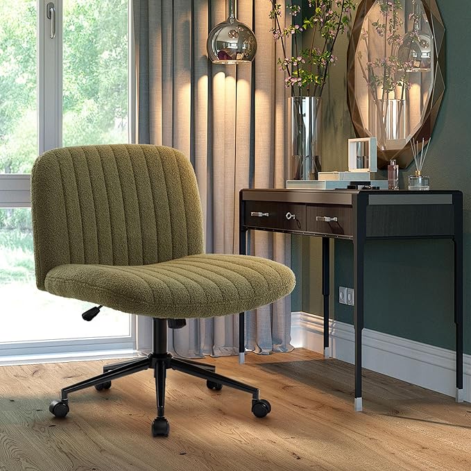 IWMH Criss Cross Chair Cross Legged Office Chair with Wheels Armless Wide Seat Desk Chairs Height Adjustable Computer Task Chairs Swivel Vanity Chair for Home Office Bedroom Make Up Small Space Green