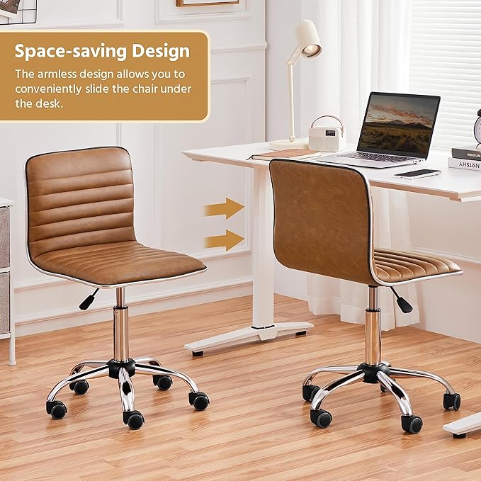Yaheetech Low Back PU Leather Ribbed Armless Office Chair, Ergonomic Swivel Computer Task Chair with Wheels for Office, Home