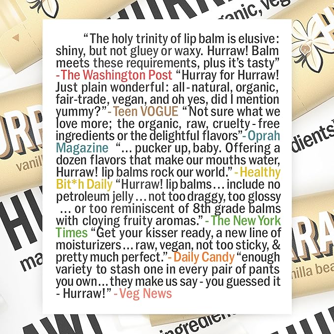 Hurraw! Vanilla Bean Lip Balm: Organic, Certified Vegan, Cruelty and Gluten Free. Non-GMO, 100% Natural Ingredients. Bee, Shea, Soy and Palm Free. Made in USA