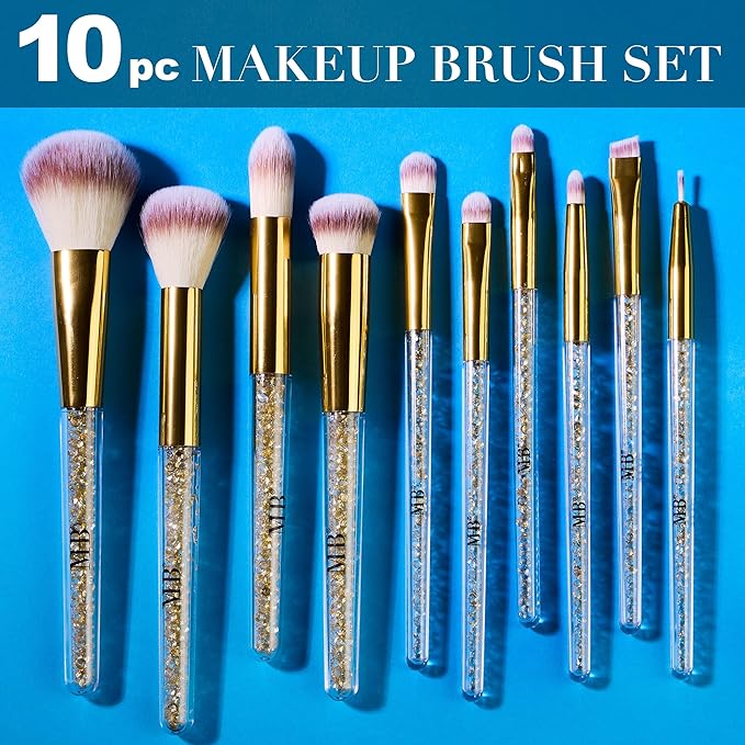 10pc Pro Makeup Brush Set w/Sparkling Gemstones in Gold - 10 Quality Soft Bristle Makeup Brushes For Everyday Use - Professional Makeup Brushes & Tools