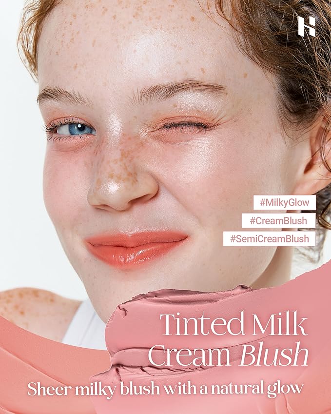 HOLIKA HOLIKA Tinted Milk Cream Blush 05 Pretty Cool - Korean Face Makeup with Built-In Puff, Semi-Luminous Milky Color, High Powder Content Formula, Transparent Finish for Semi-Matte Glow