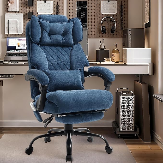 Massage Office Chair with Foot Rest,6 Points Vibration & Heat Executive Office Chairs for Heavy People,500LBS Big and Tall Office Chair,Ergonomic Reclining Desk Chair,Dual-Use Pillow,Home Office,Blue