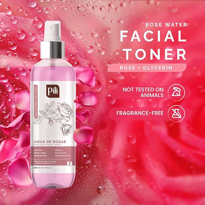 PILI Rose Water, Facial Toner for Sensitive Skin. Refreshes, Tones and moisturizes with The Softness of The Natural Extract of Roses and Glycerin. 8.4 oz