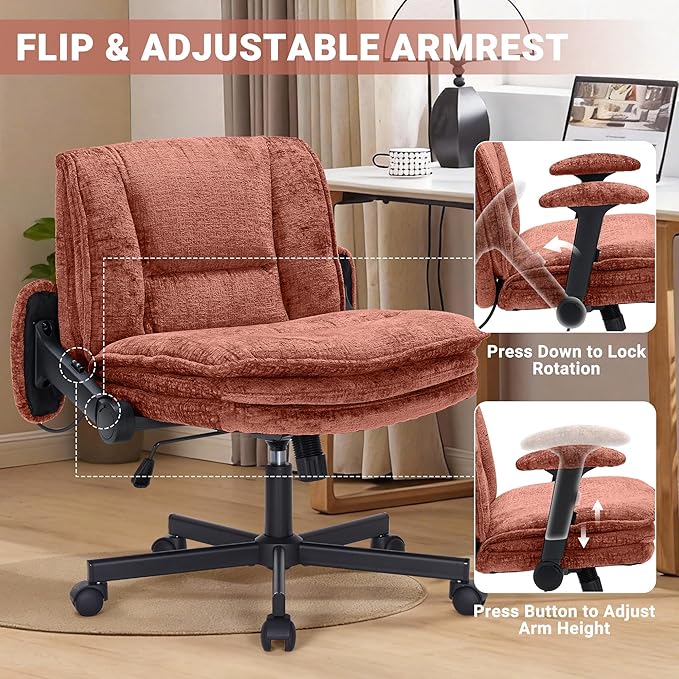Criss Cross Chair with Wheels and Flip Arms, Upholstered Cross Legged Office Chair with 3 Layer Cushions&Dynamic Airbag Lumbar Support, Wide Seat Comfy Desk Chair for Home Office, Living Room, Orange