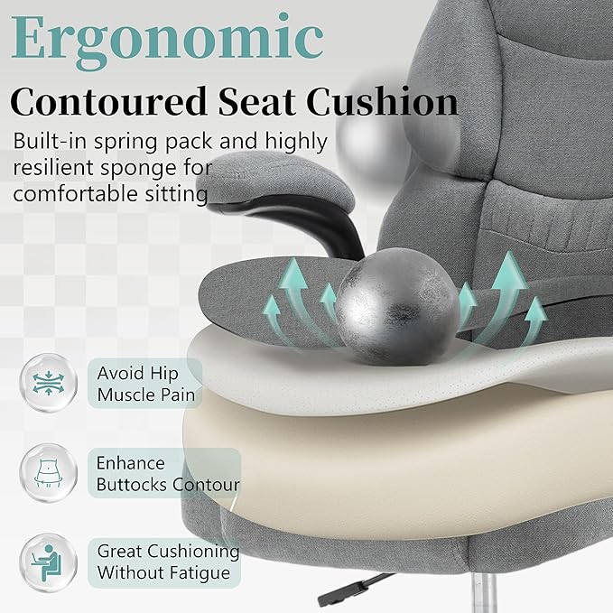 Ergonomic Drafting Chair, Tall Office Chair for Standing Desk, High Back Standing Desk Chair with Flip-Up Armrest, Adjustable Height & Foot Ring, Executive Fabric Extended Height Office Chairs, Grey