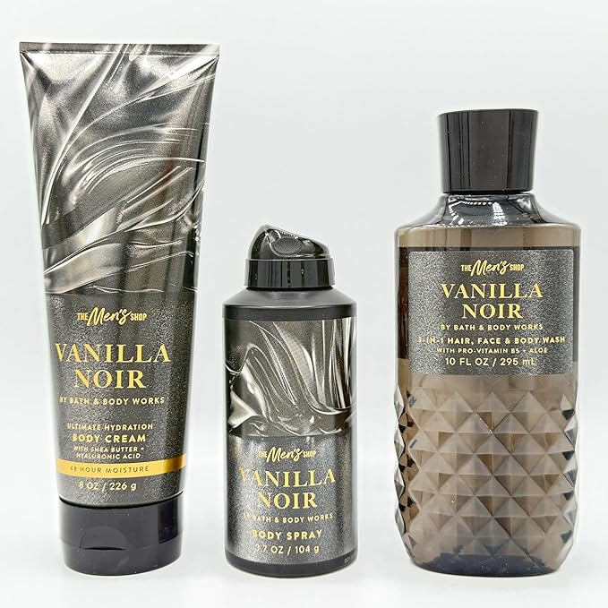Vanilla Noir 3-Piece Men's Bath & Body Bundle | Ultimate Hydration Body Cream, Body Spray and Body Wash