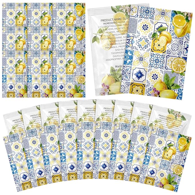 Leelosp 100 Pack Travel Size Sunscreen Bulk Mini Sunscreen Packets Spf 30+ for Beach Trip Vacation Outdoor, Wedding Party Favors Mediterranean Summer Thank You Gifts for Guests Women