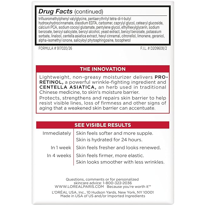 L'Oréal Paris Revitalift Anti-Wrinkle and Firming Face Moisturizer with SPF 25, Pro-Retinol and Centella Asiatica, Paraben Free, 1.7 oz (Packaging may vary)