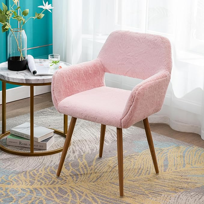 Home Office Faux Fur Desk Chair, Fluffy Makeup Vanity Chair, Comfy Accent Armchair with Wood Grain Metal Legs, Cute Dining with Hollowed Back, Pink