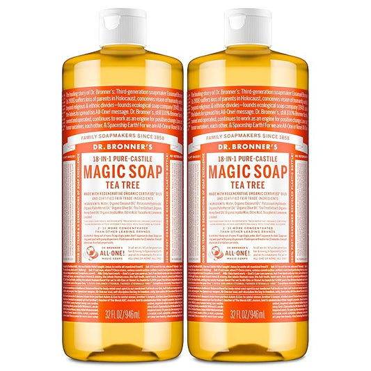 Dr. Bronner's Pure-Castile Magic Soap Liquid (Tea Tree, 32 ounce, 2-Pack) - Made with Regenerative Organic Certified Oils, 18-in-1 Uses: Body, Hair, Laundry & Dishes, Concentrated, Vegan, Non-GMO