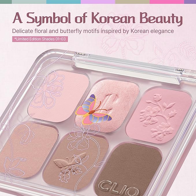 CLIO Muse Master Eyeshadow Palette, Korean Royal Heritage Edition, Soft Pink 6-Color Eyeshadow Palette with Matte Satin Shimmer, Blendable Baked Cream Powder Formula (01 BLOSSOM STITCH)