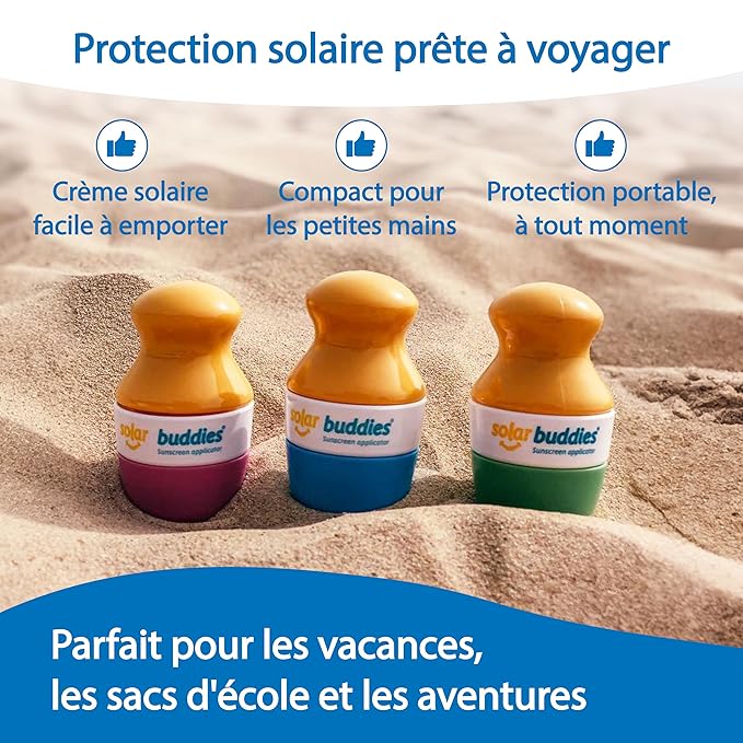 Solar Buddies Sunscreen Applicator - Blue Pack of 3 - BPA-Free Refillable Roll on Sponge Sunscreen, Suncream & Lotion Applicator For Kids, Adults & Families - Holds 3.4fl oz, Perfect Size for Travel