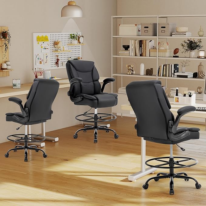 Ergonomic Drafting Chair, Tall Office Chair for Standing Desk, High Back Standing Desk Chair with Flip-Up Armrest, Adjustable Height&Foot Ring, Executive PU Leather Extended Height Office Chairs,Black