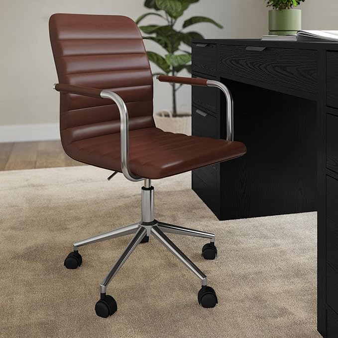 Martha Stewart Taytum Swivel Task Chair with Armrests for Home Office in Saddle Brown Faux Leather with Polished Nickel Frame