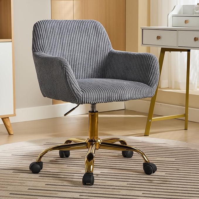 Faux Fur 360°Swivel Desk Chair, Height Adjustable Home Office Armchair with Golden Base for Teens Women Girls, Upholstery Computer Chair for Home Studios, Corduroy & Dark Gray