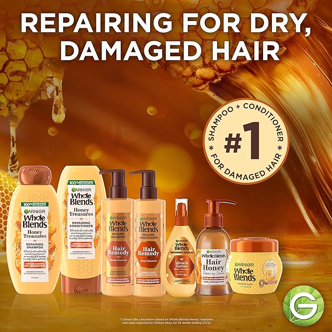 Garnier Whole Blends Sulfate Free Remedy Miracle Nectar 10-in-1 Repairing Leave-In Conditoner for All Hair Types, Honey Treasures, 5 Fl Oz, 2 Count (Packaging May Vary)