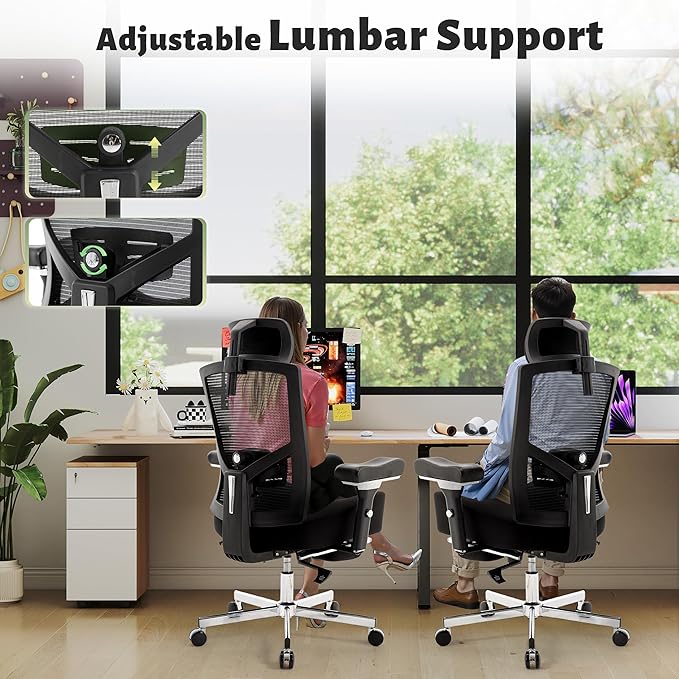 600LBS Big and Tall Office Chair,Ergonomic Mesh Office Chairs with Thick Oversized Spring Cushion,Executive Computer Desk Chair Adjustable Upgraded 4D Armrests,Footrest&Headrest for Home Office,Black