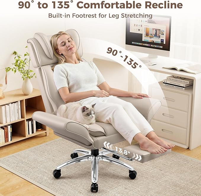 Big and Tall Office Chair, Flip Armrests for Pets & Cross Legged Sitting, Ergonomic Leather Executive Desk Chair with Foot Rest, High-Back Reclining Computer Chairs for Office Home Game - Beige