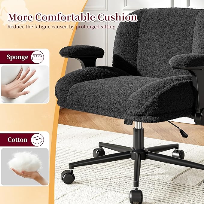 Desk Chair with Arms, Wide Ergonomic Office Chair with Thickened Seat Cushion, Cross Legged Office Chair for Home Office, Bedroom, Study Room, Plush Fabric, Black