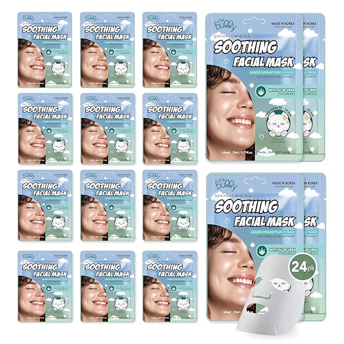 Innerest Luna Bunny 24PK Facial Sheet Mask, Brightening, Nourishing & Hydrating Korean Skincare for Self Care, Home Spa with Aloe, Coconut, Vitamin & Hyaluronic (Aloe Vera)