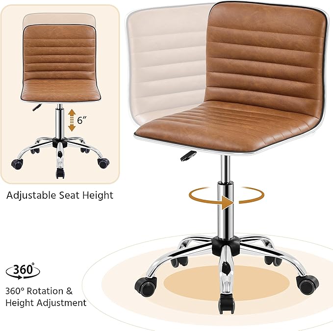 Yaheetech Low Back PU Leather Ribbed Armless Office Chair, Ergonomic Swivel Computer Task Chair with Wheels for Office, Home
