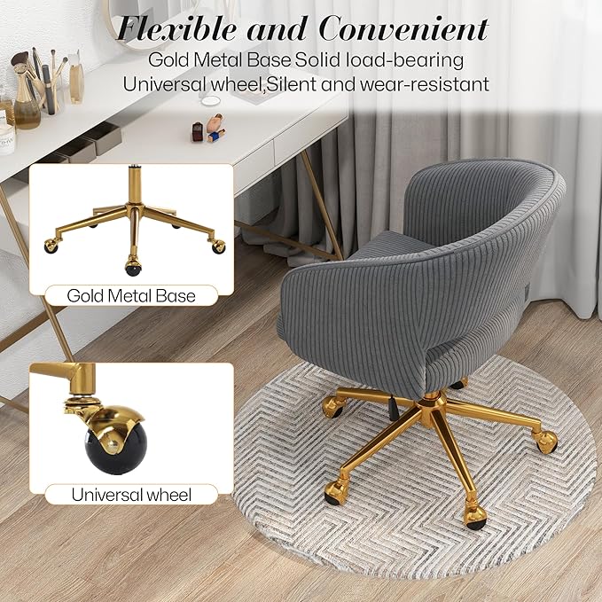 Home Office Swivel Desk Chair, Modern Corduroy Vanity Chair, Height Adjustable Armchair with Gold Base, Ergonomic Office Chair for Task Study Computer Room, Gray
