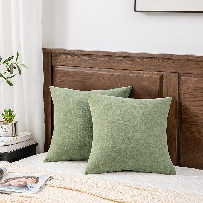 GAWAMAY Decorative Chenille Throw Pillow Covers 24x24 Inch Pack of 2, Soft Square Couch Pillow Cover for Sofa Cushion Living Room Bedroom Solid Dyed Pillowcases Sage Green 60x60cm (ONLY Covers)