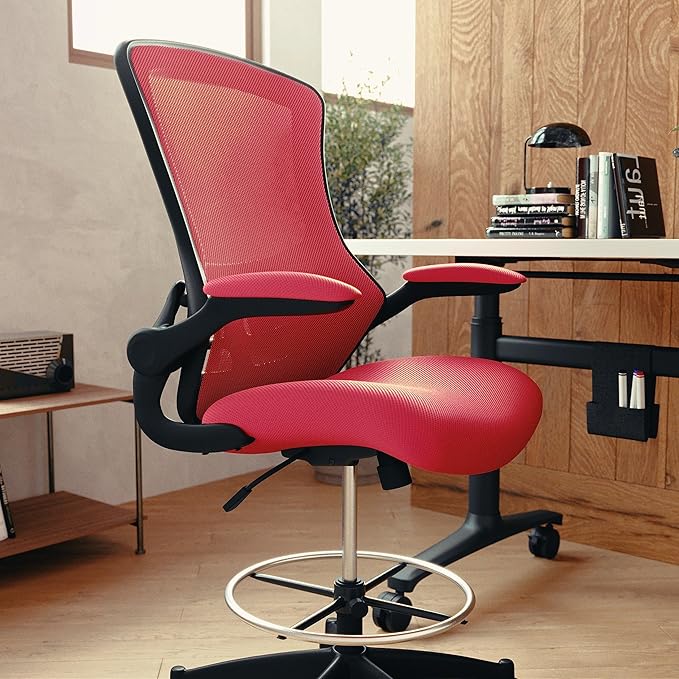 Flash Furniture Kelista Mid-Back Swivel Office Chair with Adjustable Seat Height, Ergonomic Mesh Desk Chair with Flip-Up Armrests, Red