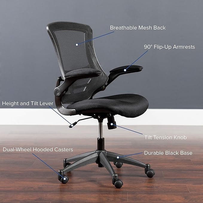 Flash Furniture Set of 4 Mid-Back Swivel Ergonomic Task Office Chairs with Flip-Up Arms, Black Mesh