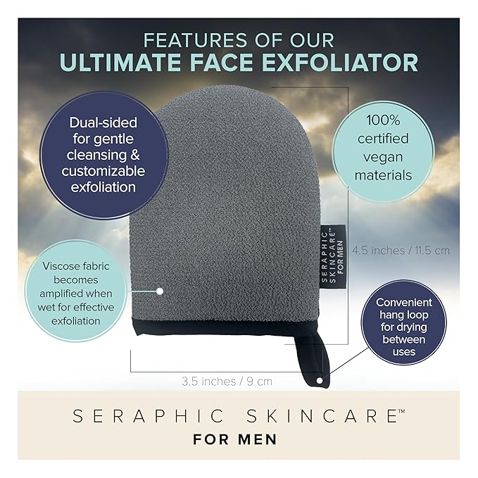 Seraphic Skincare Men Ultimate Exfoliating Facial Mitt – 100% Vegan Dual-Sided Face Mitten with Viscose & Washcloth – Facial Scrub Pad for Gentle Cleansing & Exfoliation – Natural Dead Skin Remover