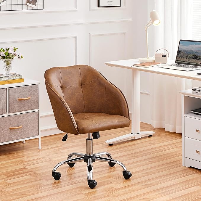 Yaheetech Home Office Desk Chair Vanity Chair with Back Small Leather Computer Chair with Swivel Wheels Modern Accent Armchair for Office Bedroom Retro Brown