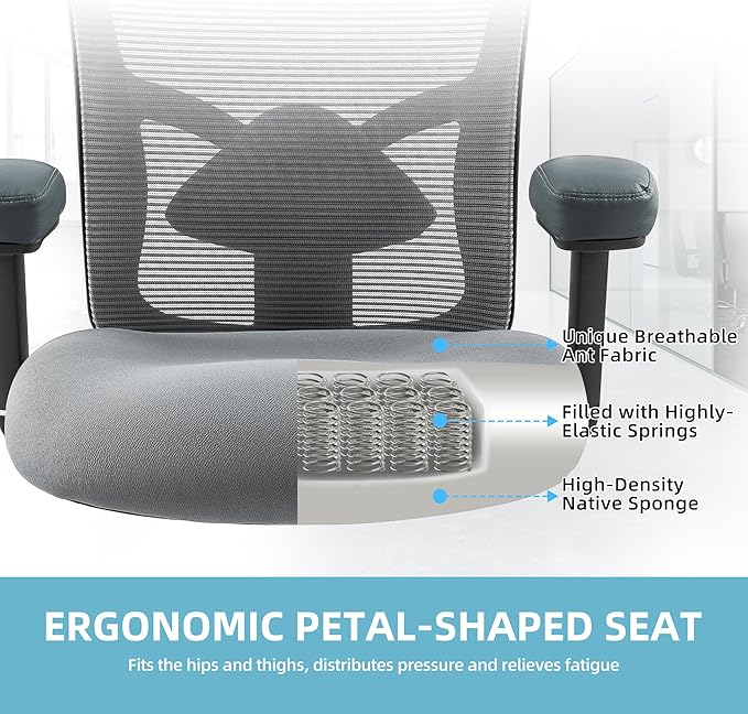 500LBS Big and Tall Office Chair with 4D Armrests & Adjustable Backrest, Heavy Duty Office Chair for Heavy People, Memory Foam Seat Filling Springs, Grey