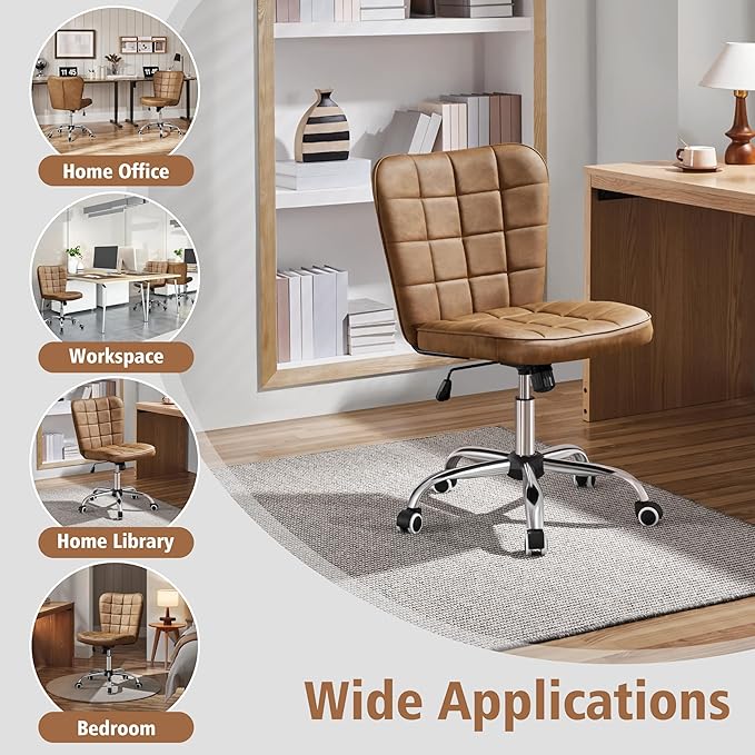Yaheetech Armless Desk Chair Modern Tufted Office Chair Faux Leather Upholstered Computer Chair with Adjustable Seat Height and Rolling Wheels for Home/Office, Retro Brown