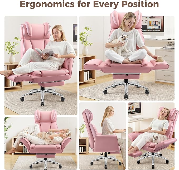 Big and Tall Office Chair, Flip Armrests for Pets & Cross Legged Sitting, Ergonomic Leather Executive Desk Chair with Foot Rest, High-Back Reclining Computer Chairs for Office Home Game - Pink
